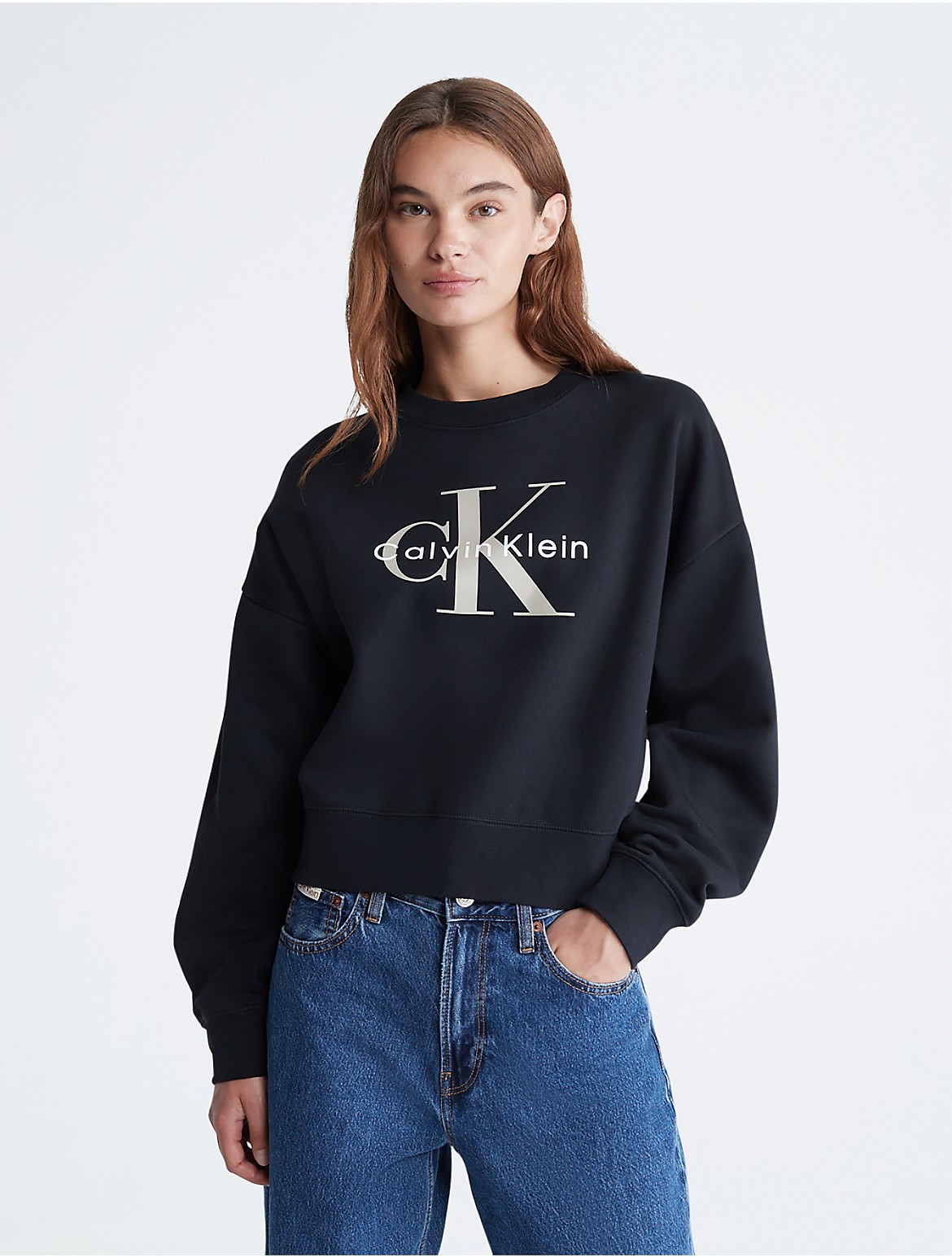 Calvin Klein Women's Monogram Logo Relaxed Crewneck Sweatshirt - Black - M