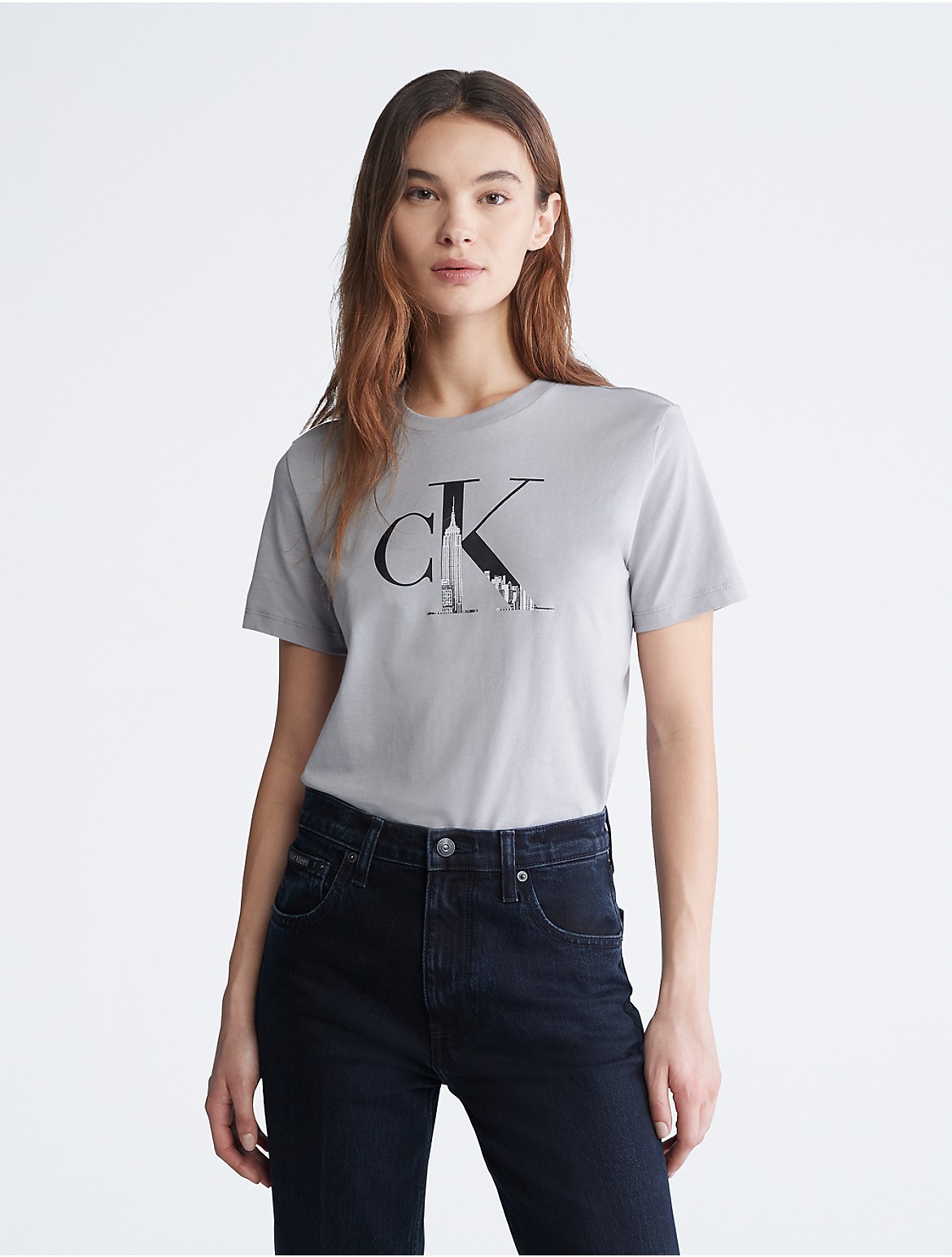 Calvin Klein Women's Monogram Logo Skyline Graphic Crewneck T-Shirt - Grey - XS