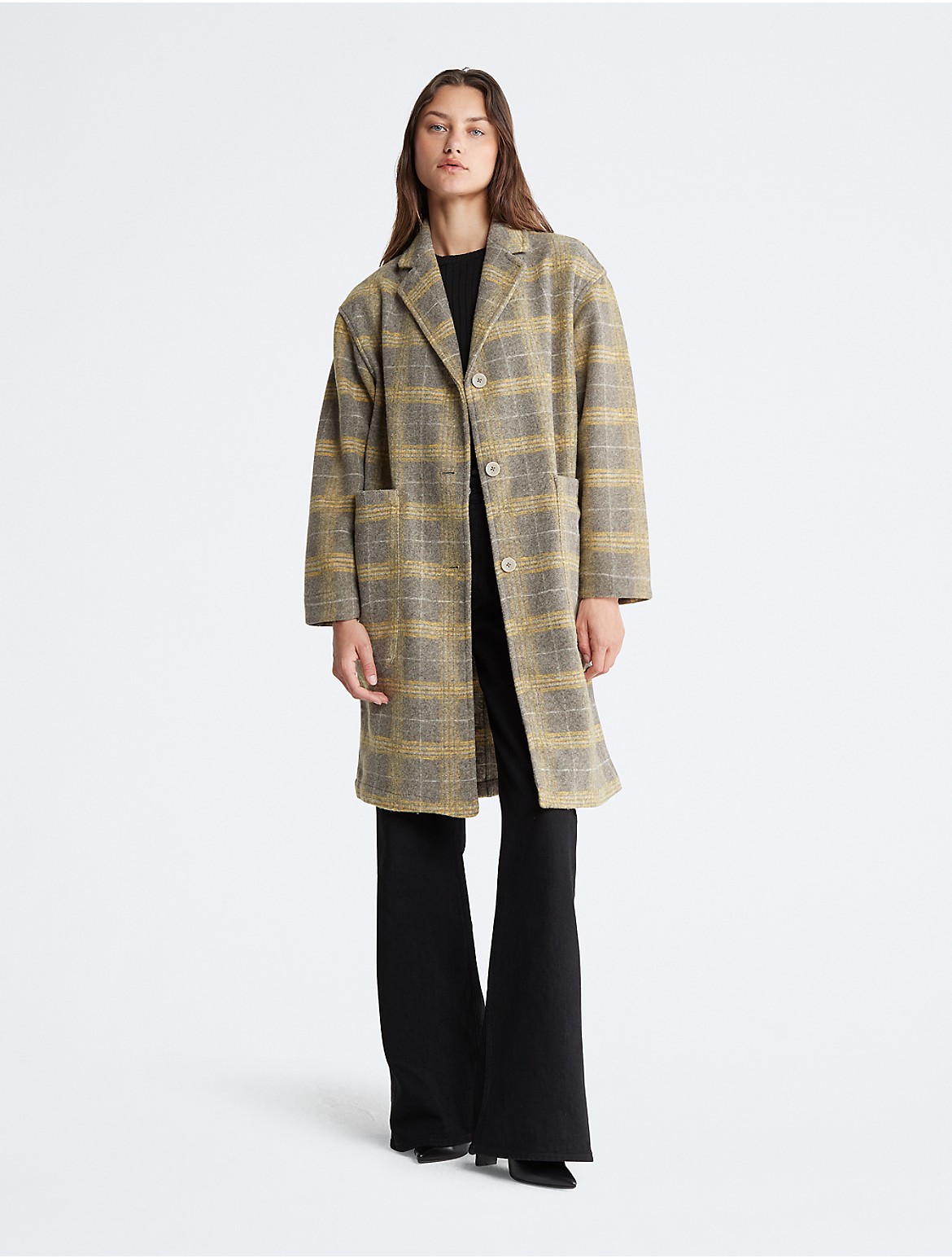 Calvin Klein Women's Plaid Drop Shoulder Coat - Grey - L