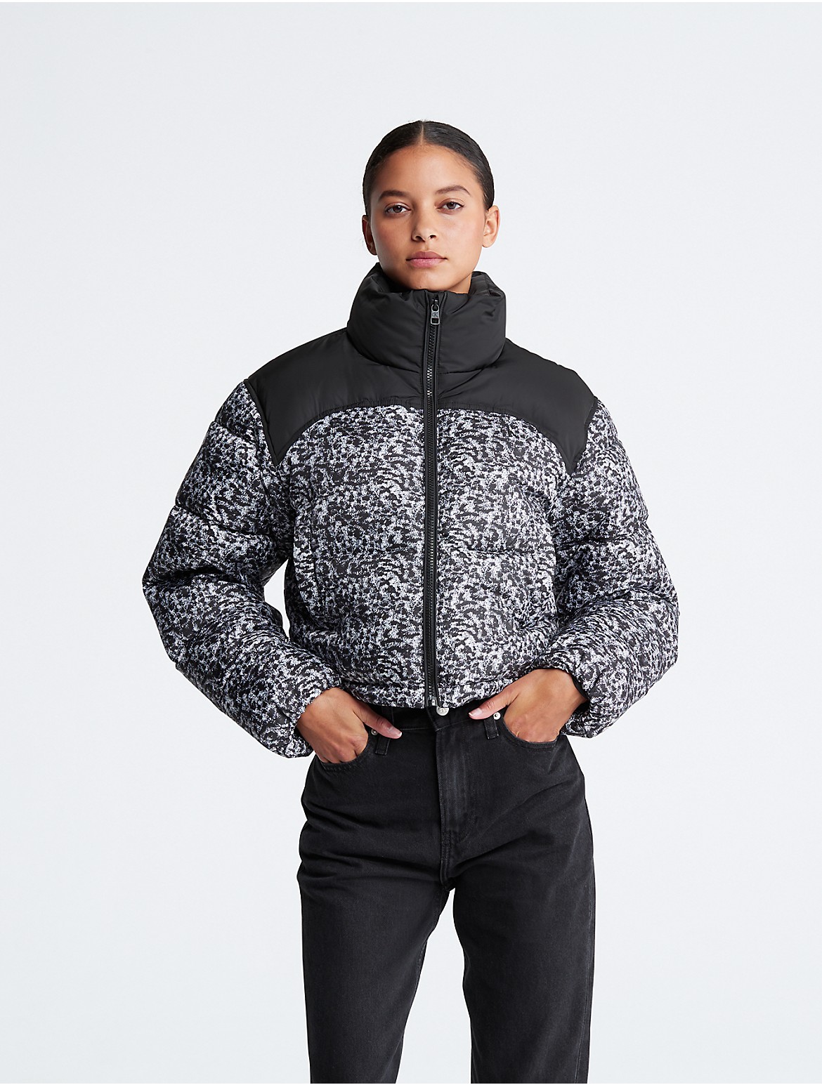 Calvin Klein Women's Printed Cropped Puffer Jacket - Grey - XS