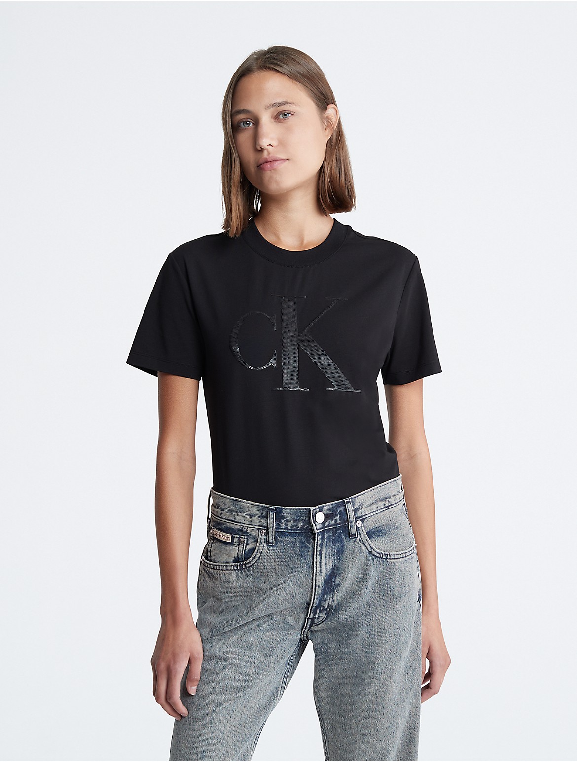 Calvin Klein Women's Sequin Monogram Logo Crewneck T-Shirt - Black - M