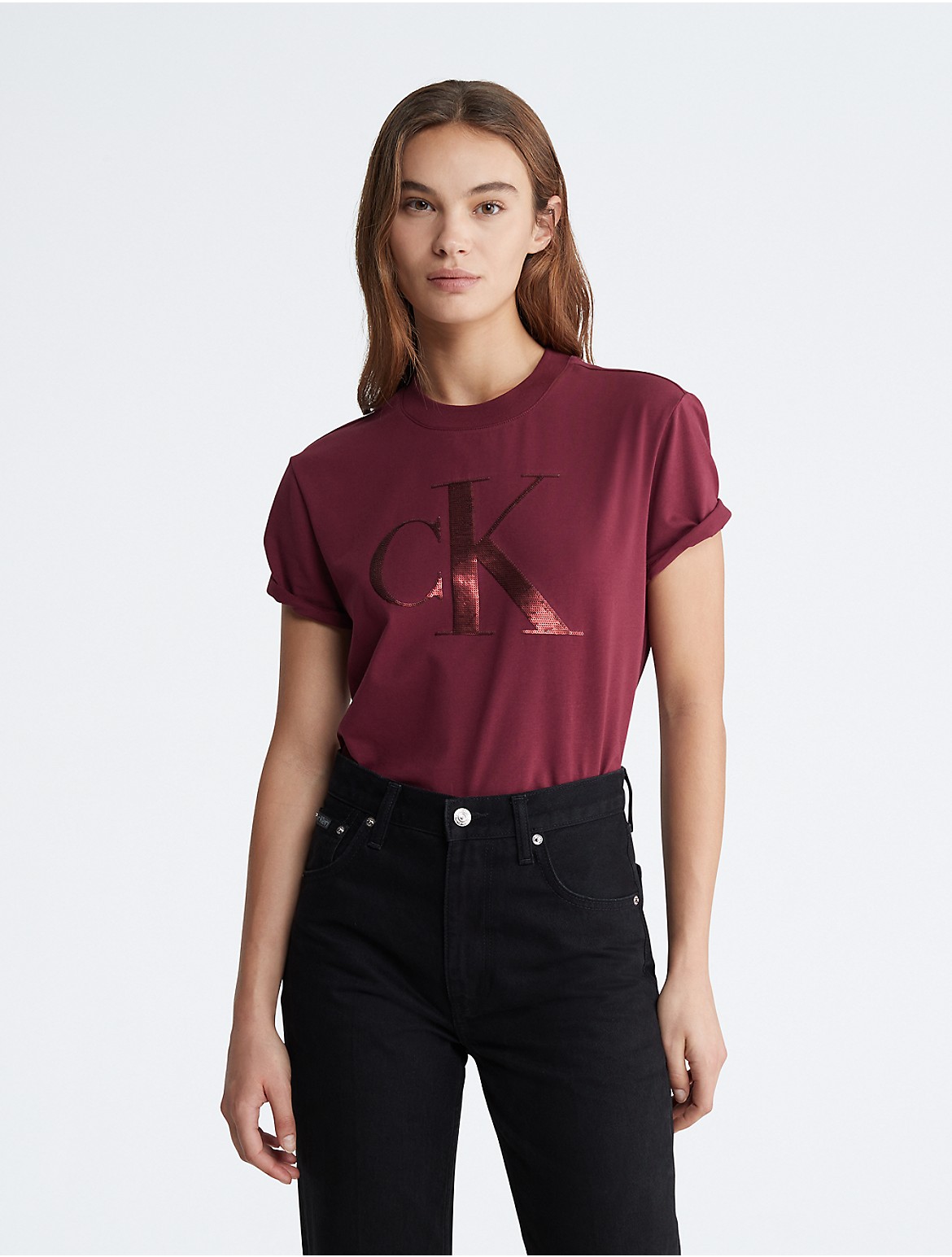 Calvin Klein Women's Sequin Monogram Logo Crewneck T-Shirt - Red - L
