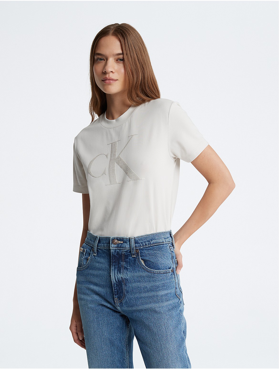 Calvin Klein Women's Sequin Monogram Logo Crewneck T-Shirt - White - L