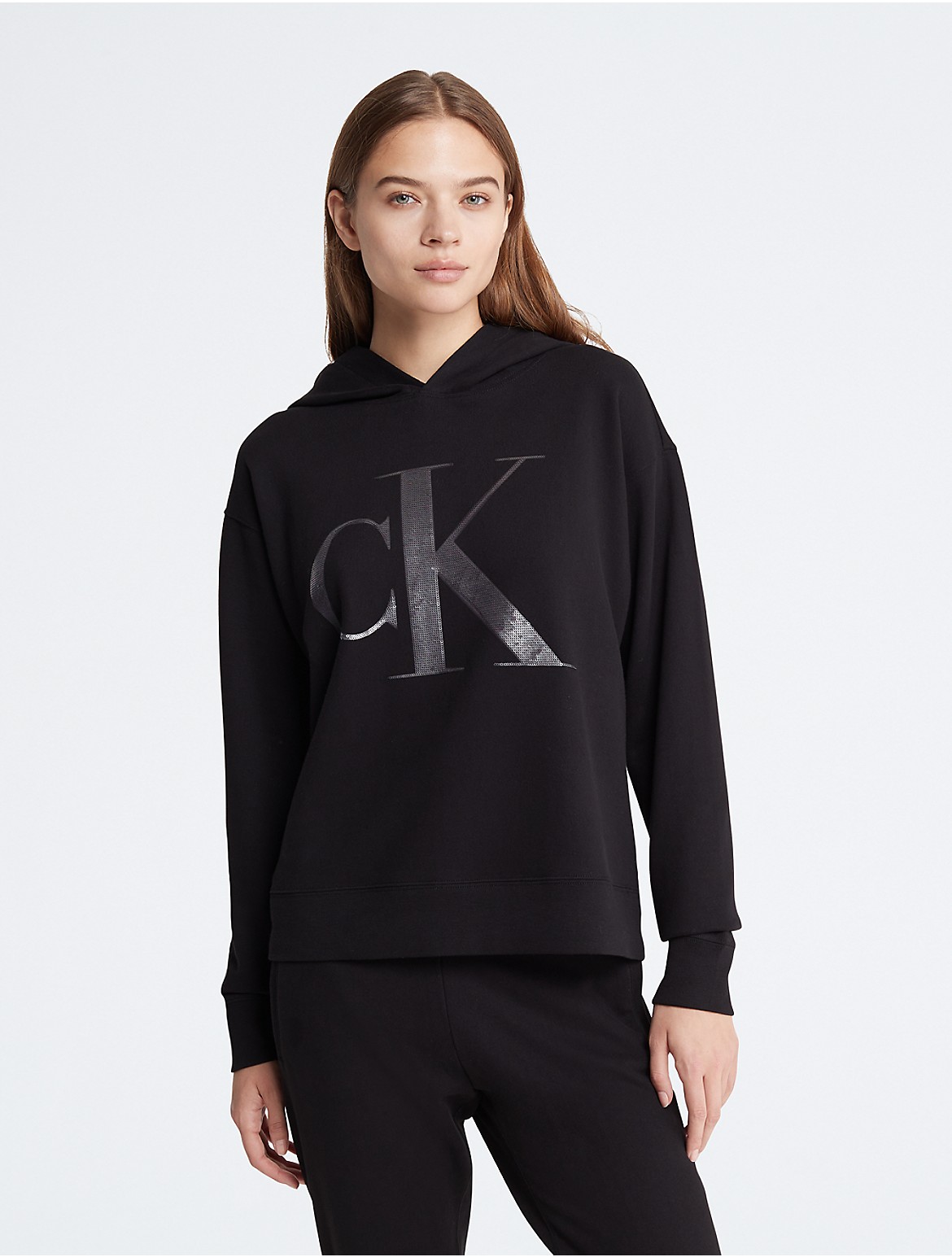Calvin Klein Women's Sequin Monogram Logo Hoodie - Black - L