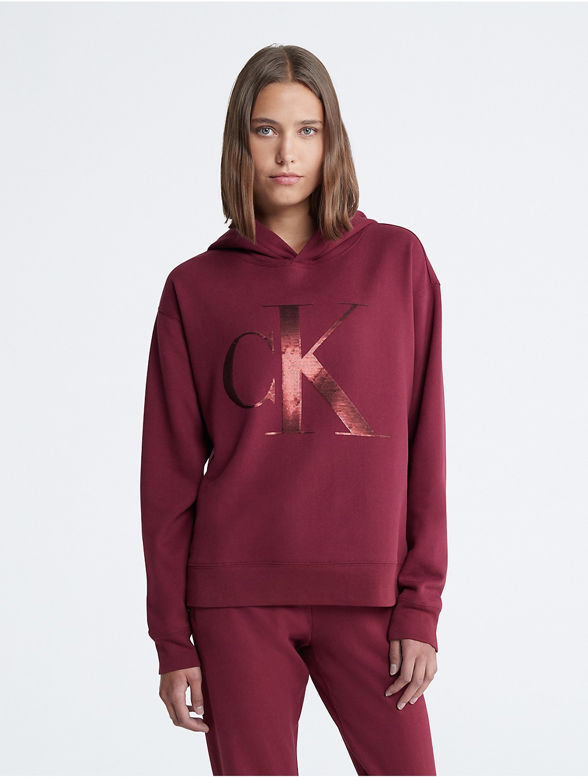 Calvin Klein Women's Sequin Monogram Logo Hoodie - Red - L