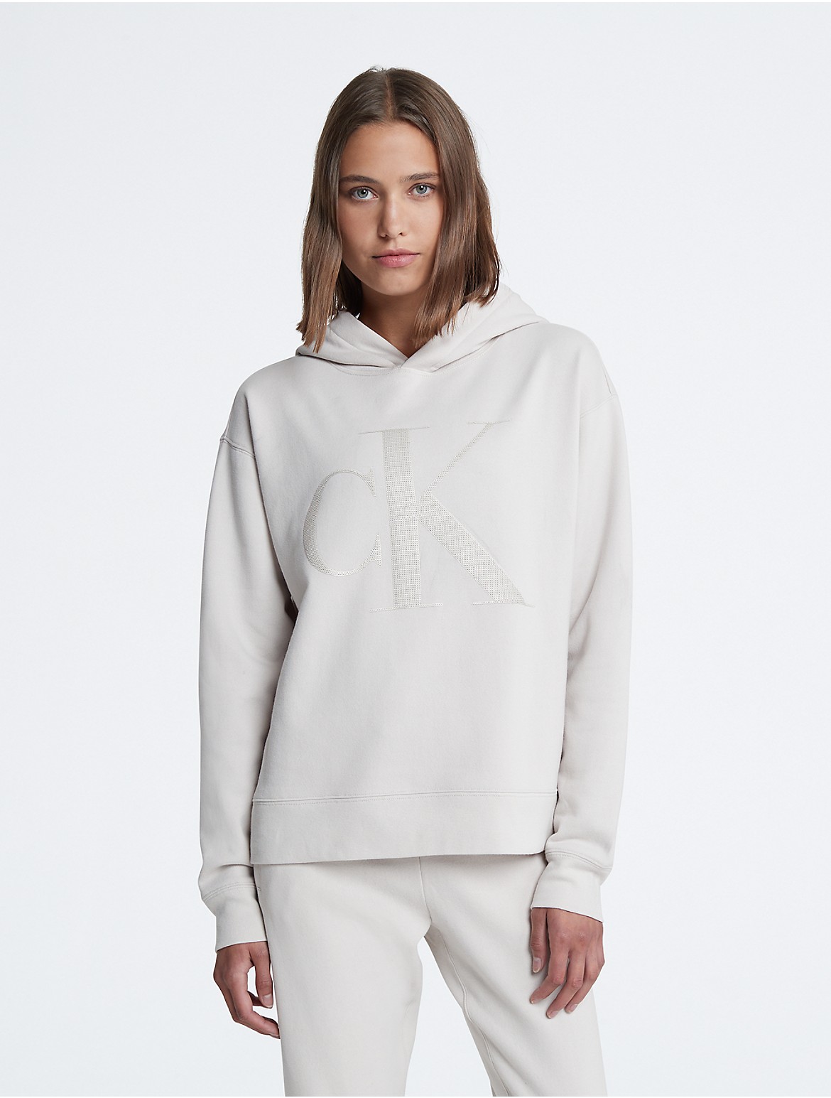 Calvin Klein Women's Sequin Monogram Logo Hoodie - White - XXL