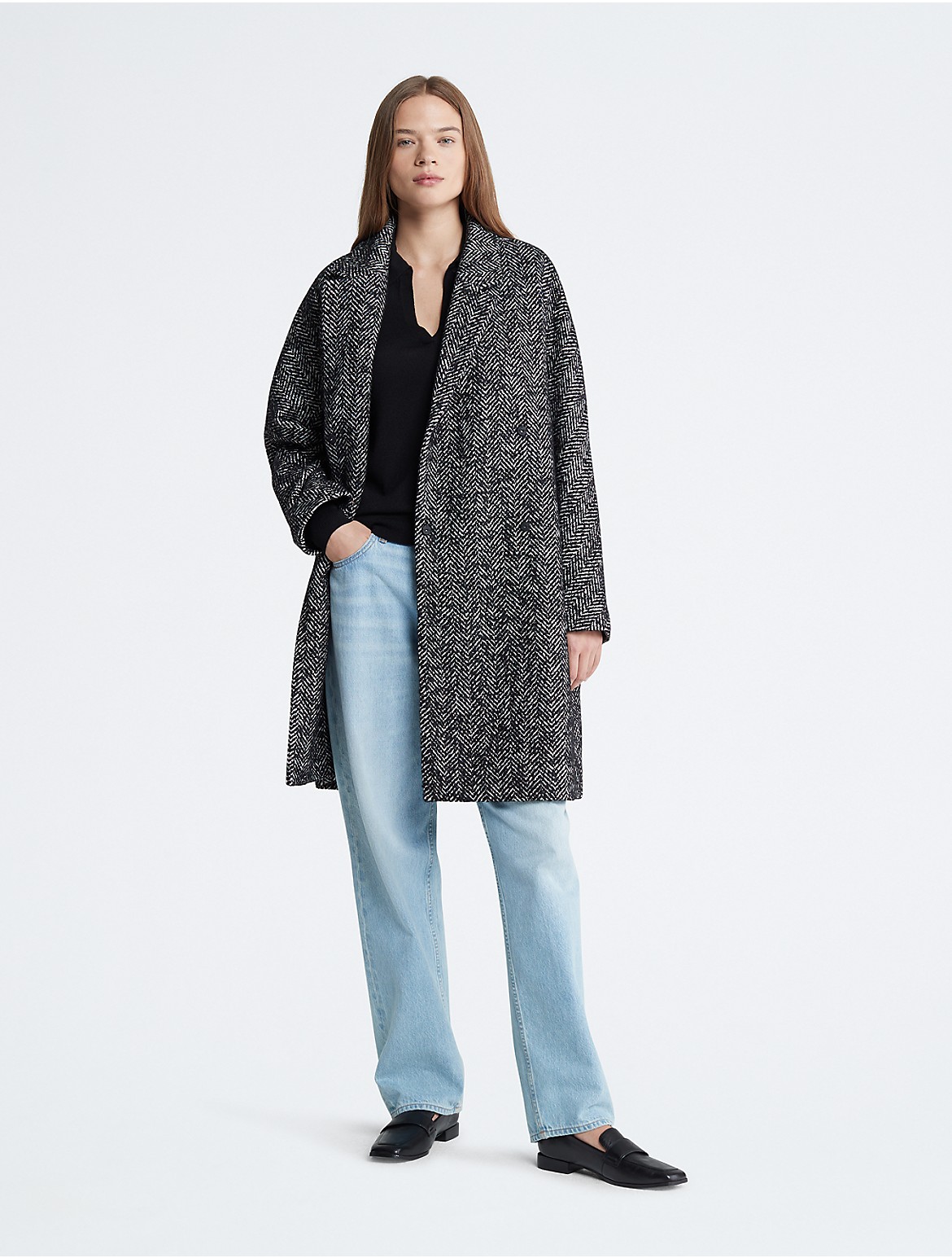 Calvin Klein Women's Structured Herringbone Overcoat - Grey - XS
