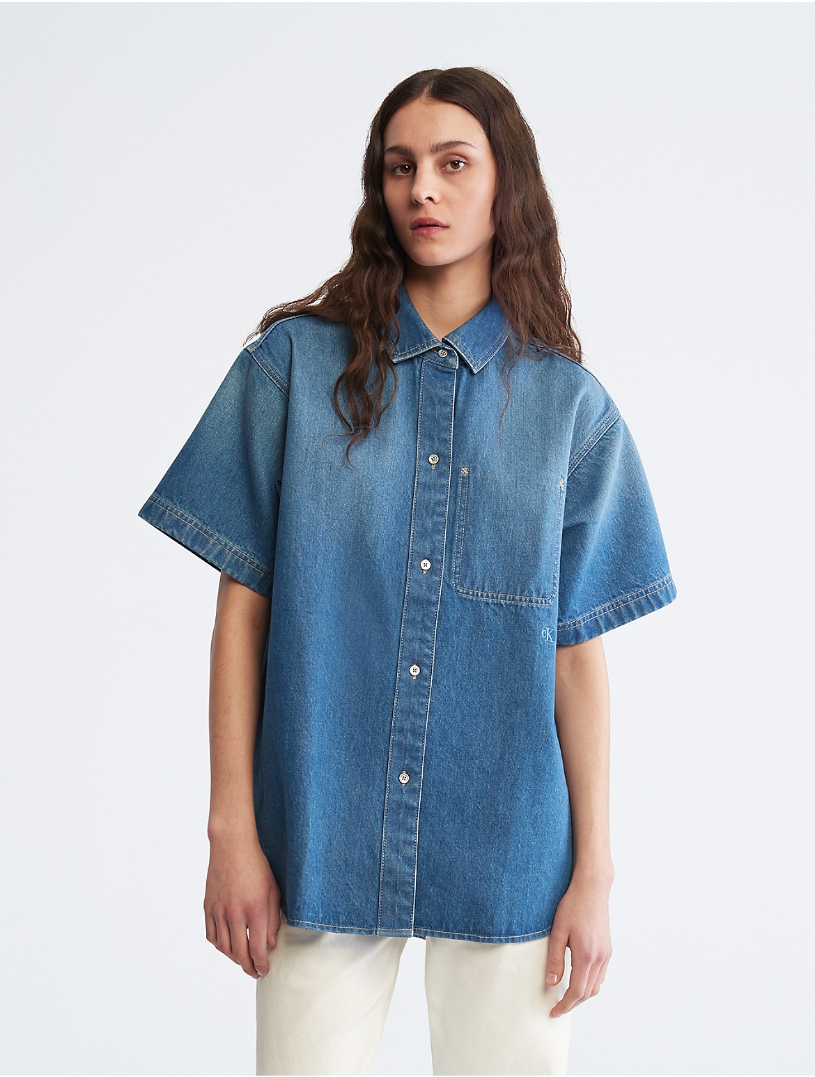 Calvin Klein Women's Sunbleached Relaxed Denim Button-Down Shirt - Blue - L