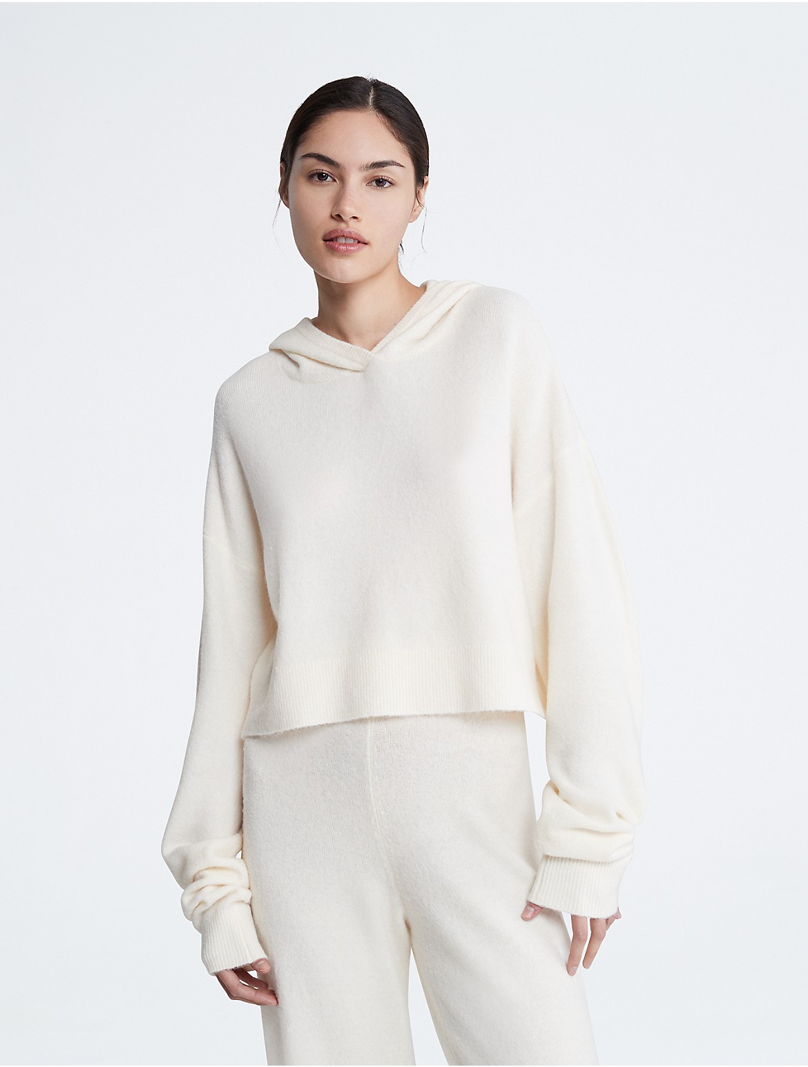 Calvin Klein Women's Sweater Lounge Plush Hoodie - White - XS