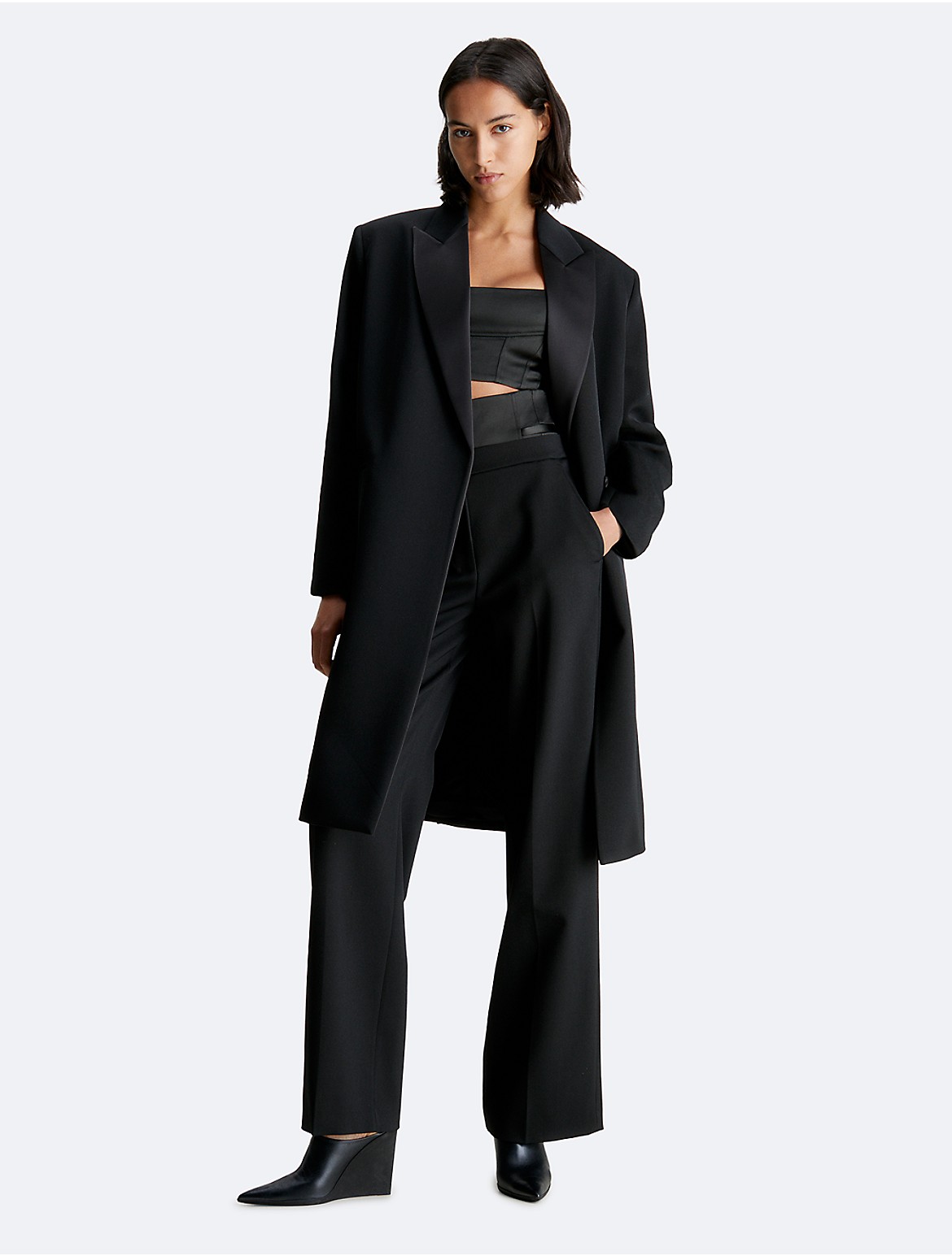 Calvin Klein Women's Tuxedo Satin Wool Coat - Black - 32