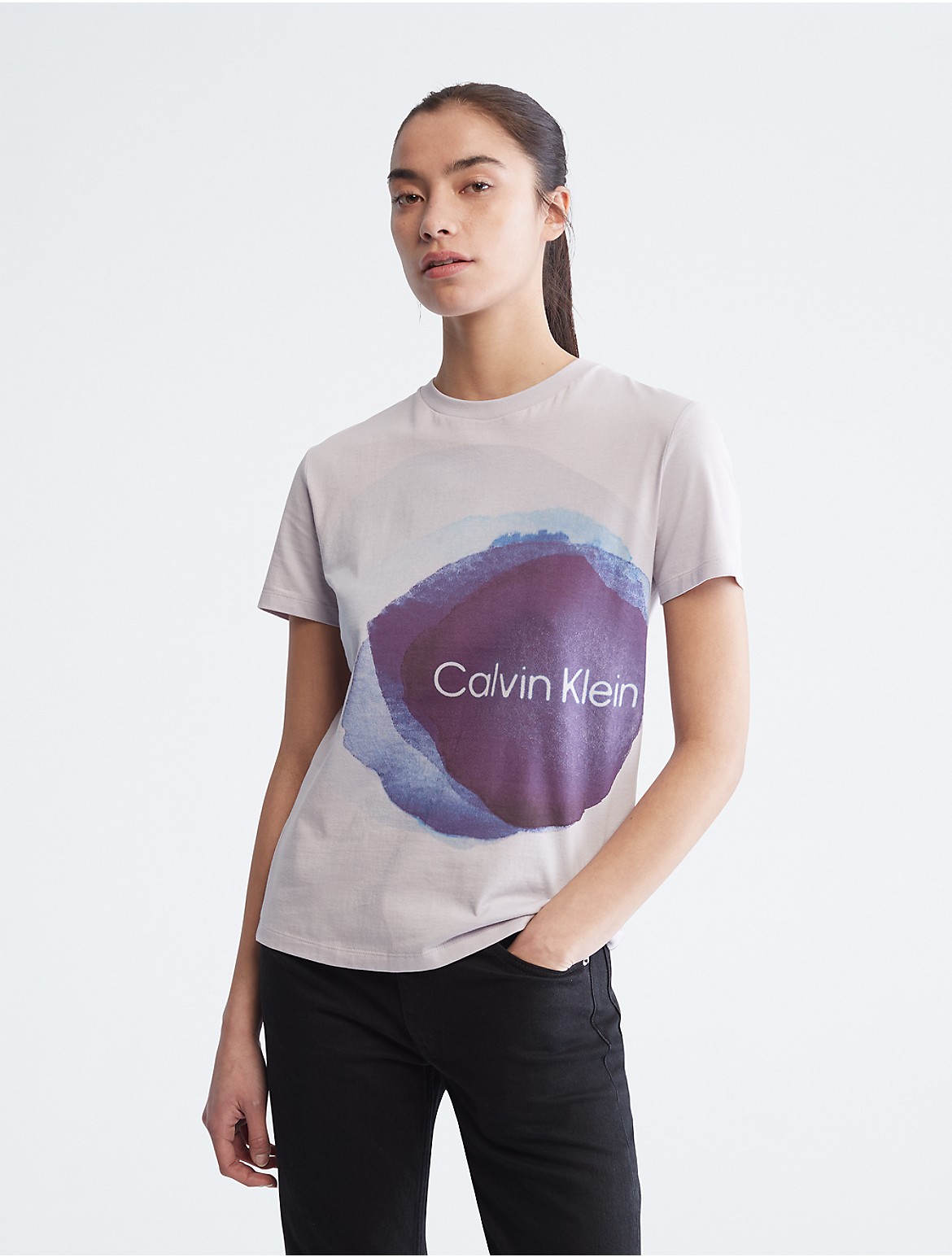 Calvin Klein Women's Watercolor Dot Graphic Crewneck T-Shirt - Grey - M