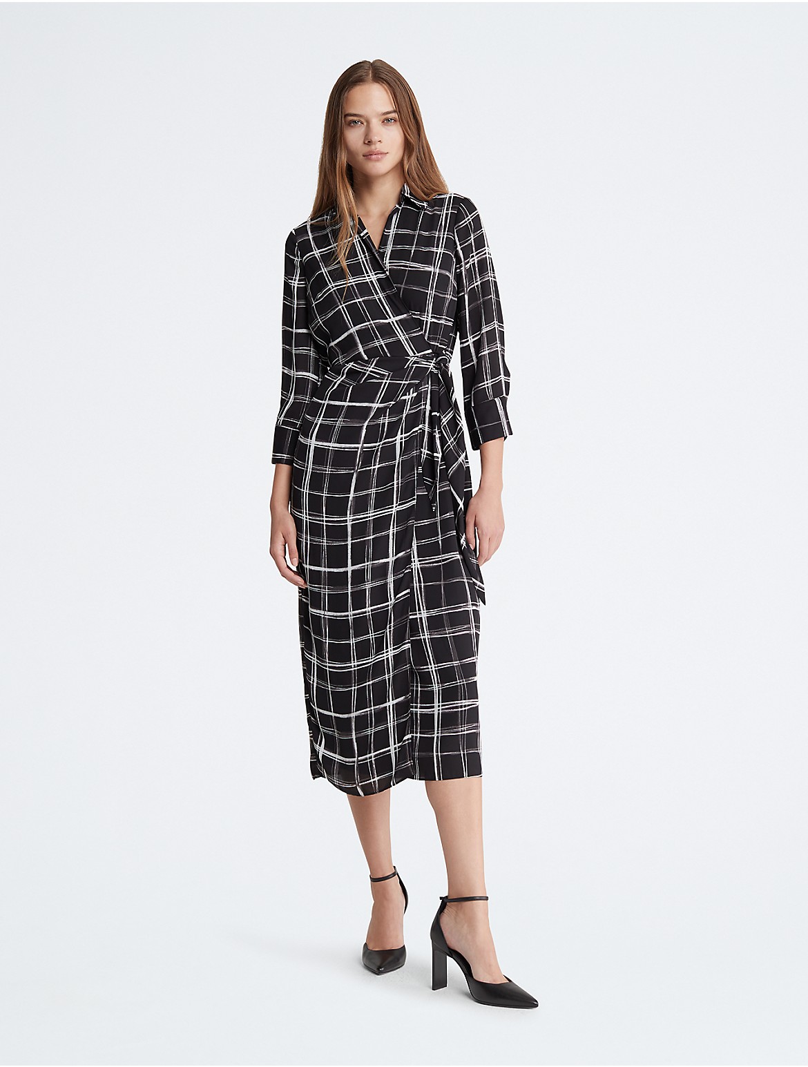 Calvin Klein Women's Wrap Plaid Maxi Dress - Black - 0