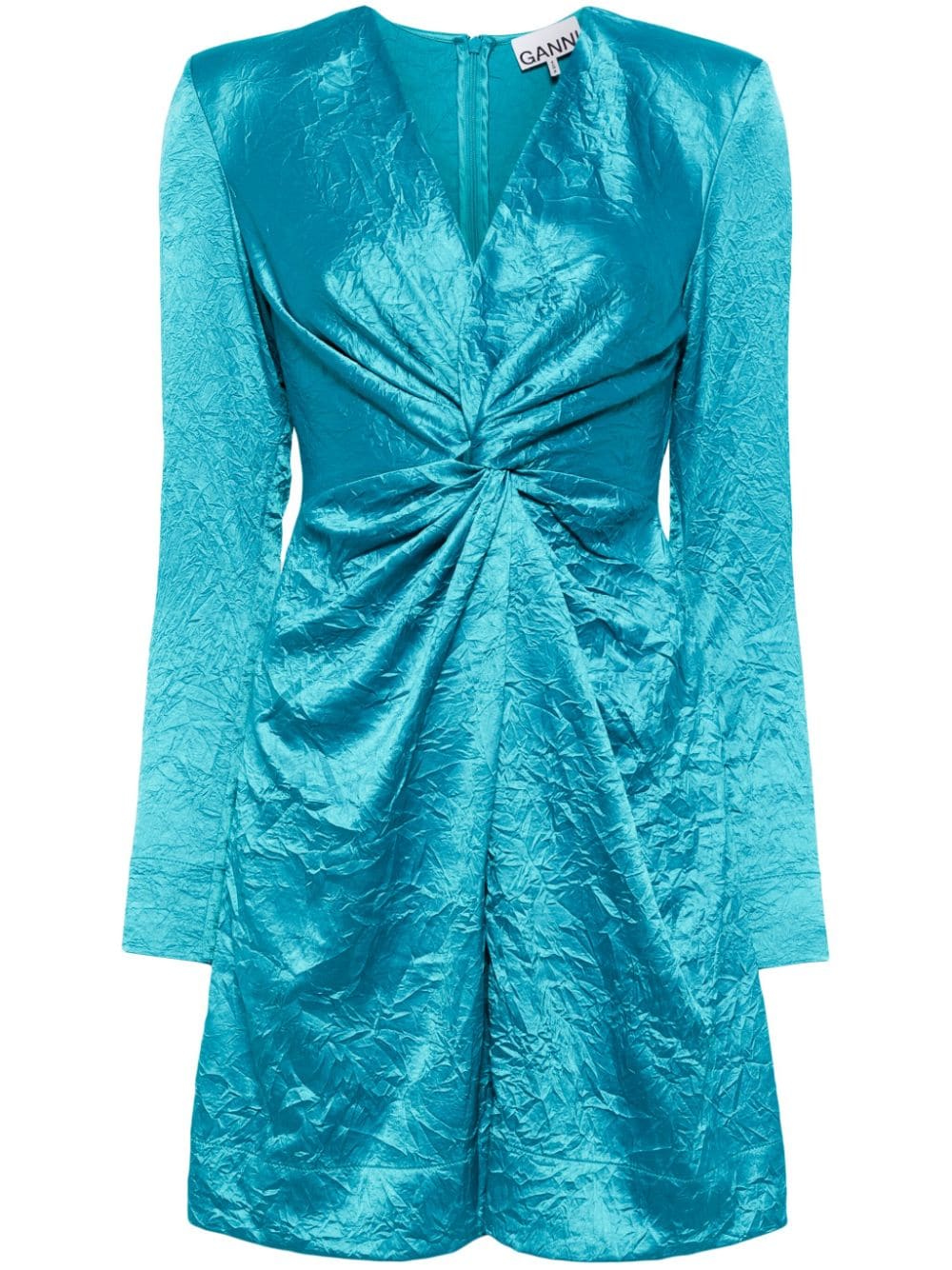 GANNI crinkled-satin knot dress - Blue