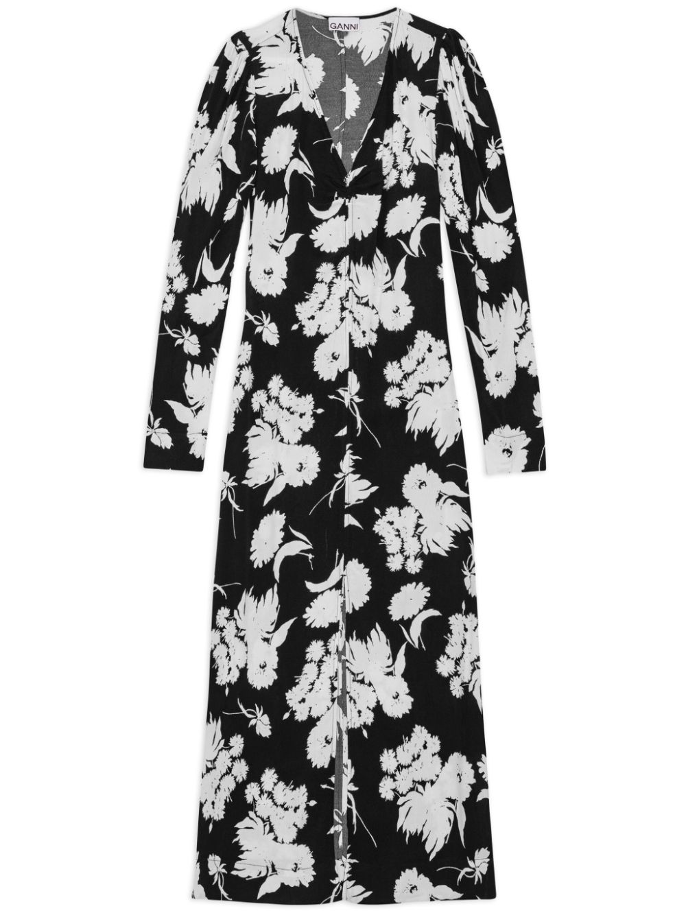 GANNI floral-print long-sleeve midi dress - Black