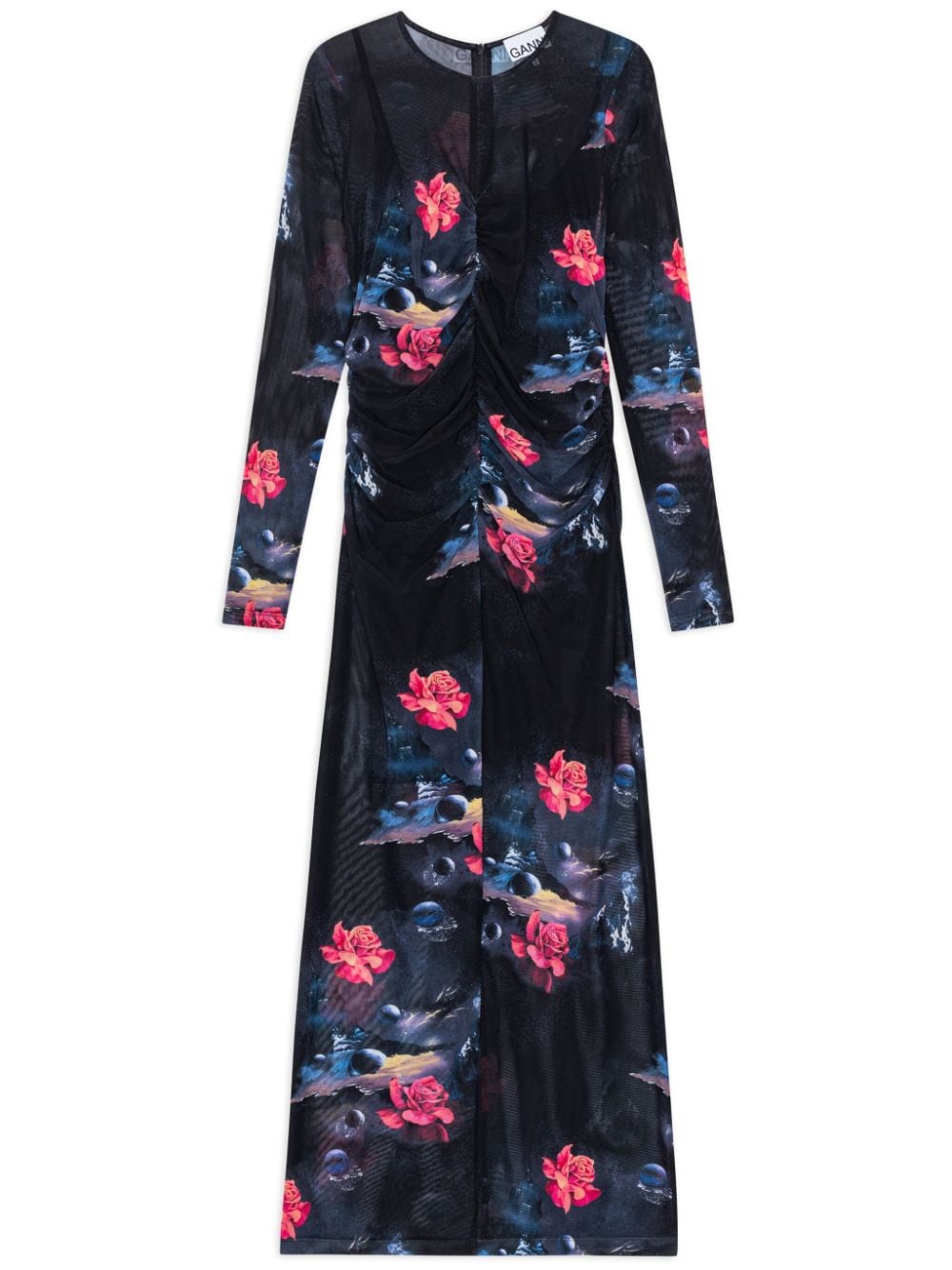 GANNI floral-print ruched maxi dress - Black