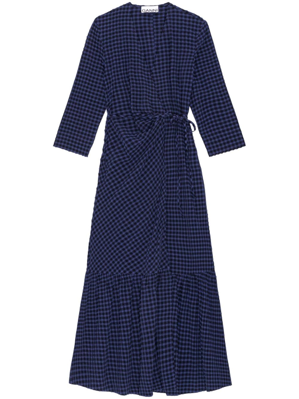 GANNI gingham-check pattern wrap midi dress - Blue