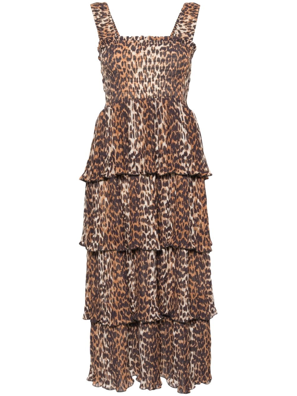 GANNI leopard-print layered midi dress - Brown