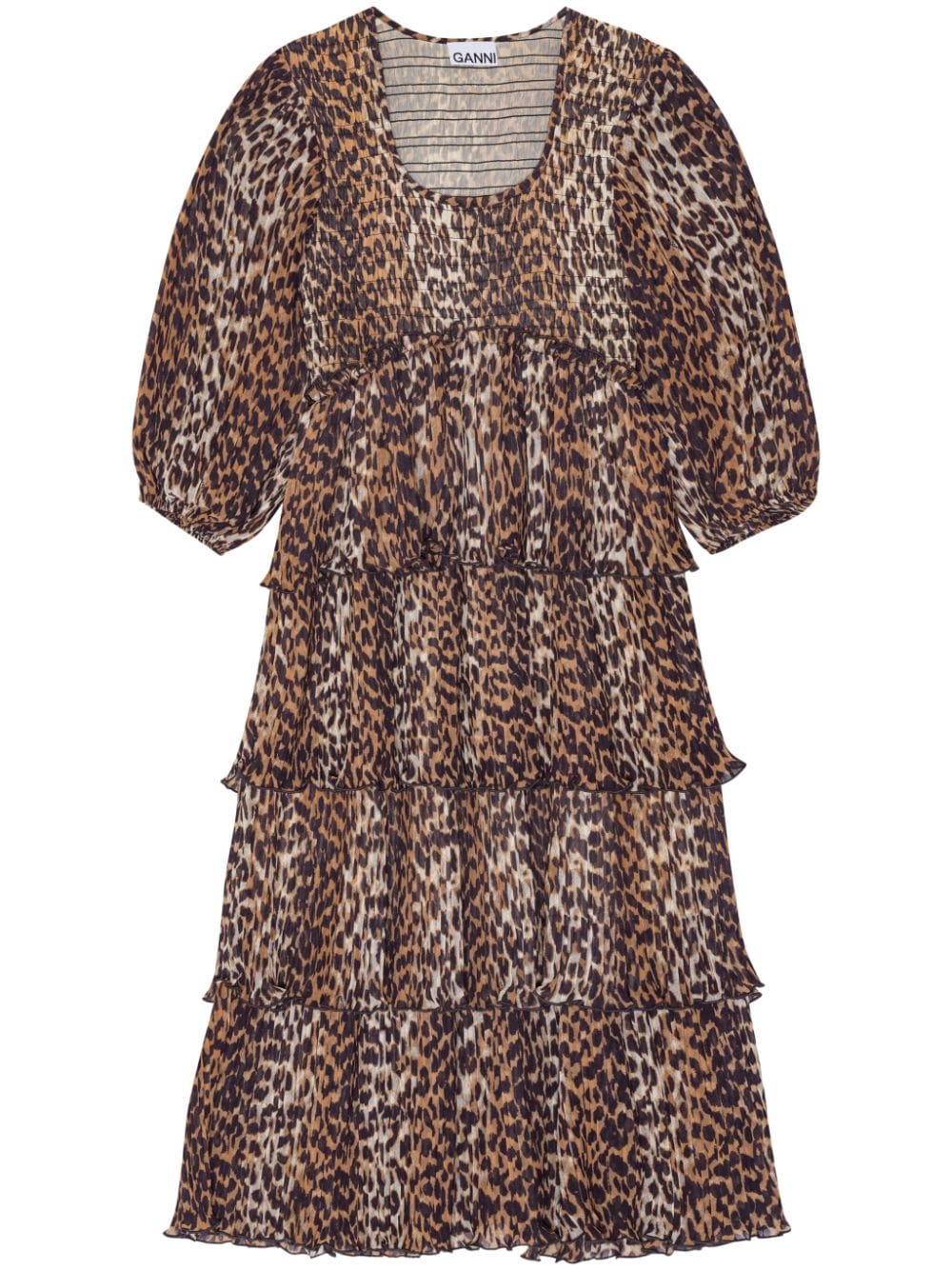 GANNI leopard-print short-sleeve layered midi dress - Brown