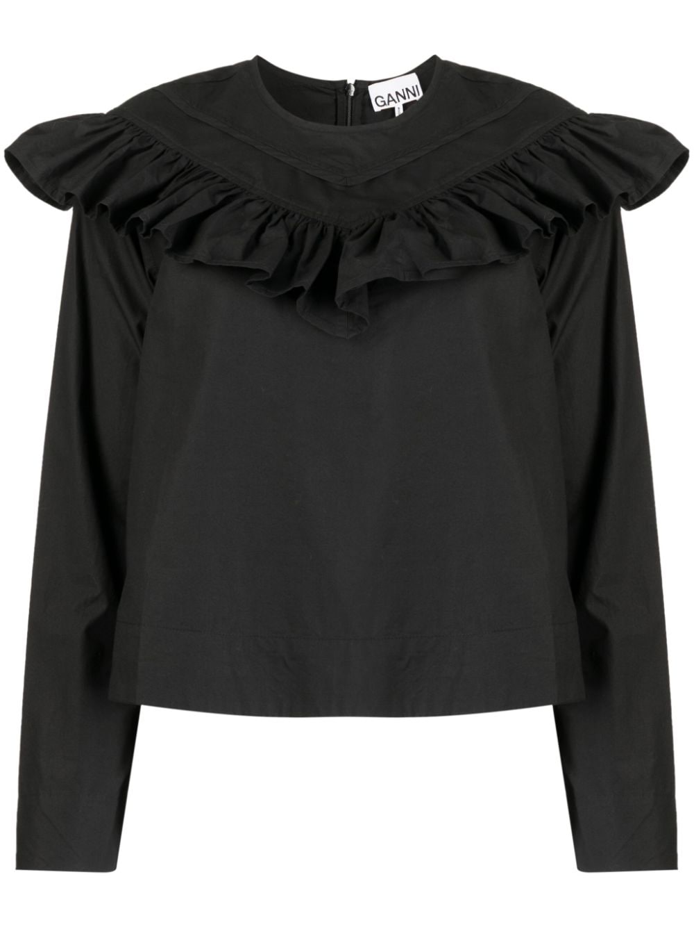 GANNI ruffled-detailing organic-cotton blouse - Black
