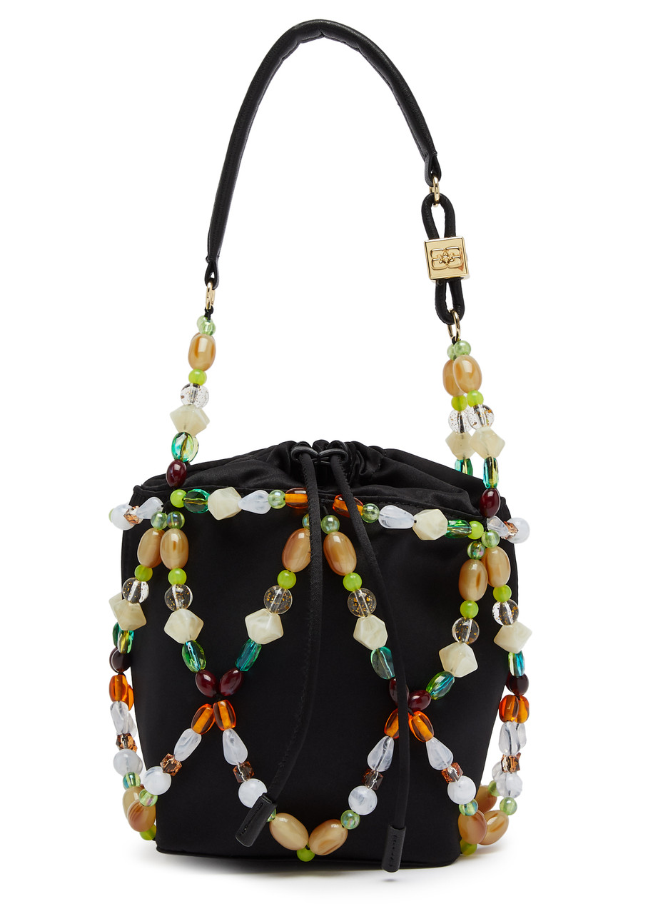 Ganni Bead-embellished Satin Bucket bag - Black