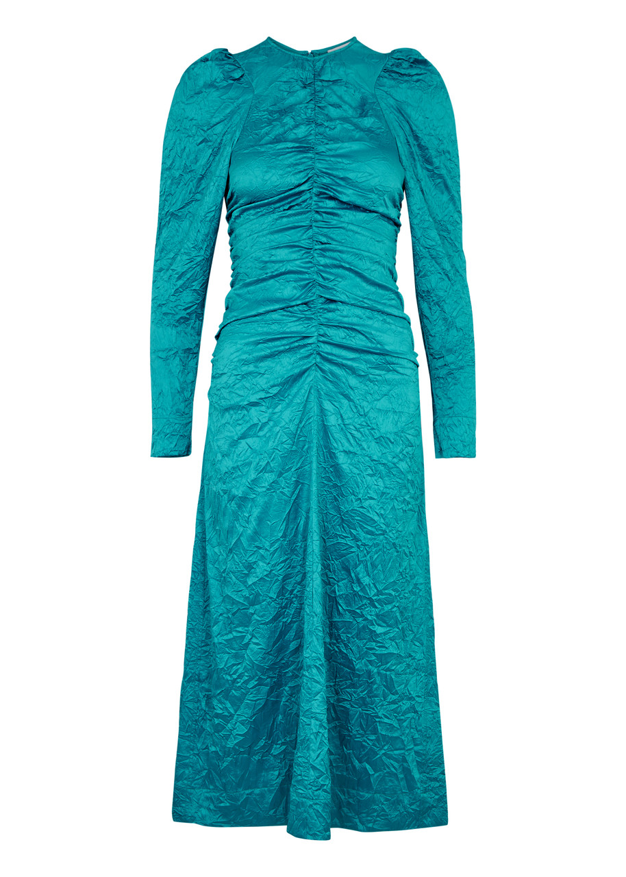 Ganni Crinkled Ruched Satin Midi Dress - Blue - 40 (UK12 / M)