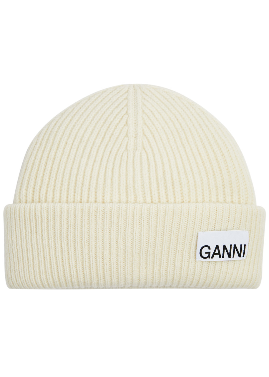 Ganni Fitted Ribbed Wool-blend Beanie - Cream