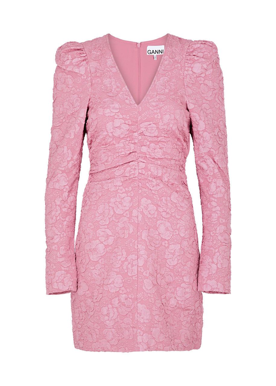 Ganni Floral-jacquard Mini Dress - Pink - 38 (UK10 / S)