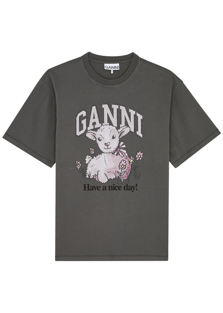 Ganni Lamb-print Cotton T-shirt - Dark Grey - S (UK8-10 / S)