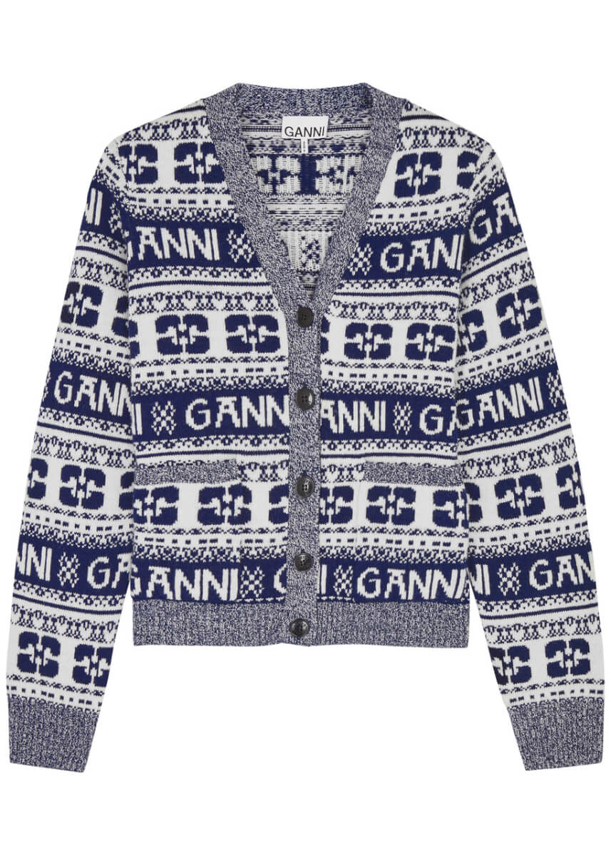 Ganni Logo-intarsia Wool-blend Cardigan - Blue - M (UK12 / M)