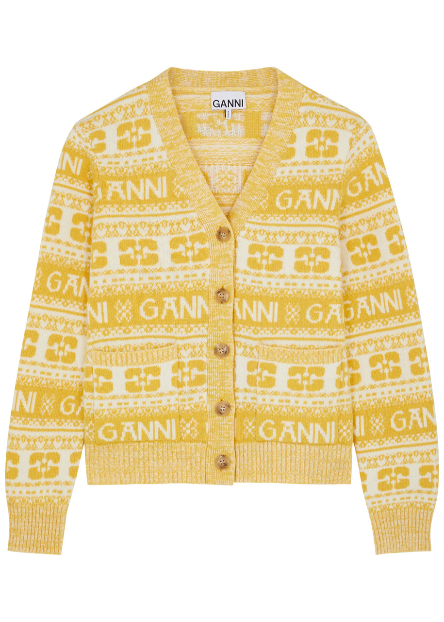 Ganni Logo-intarsia Wool-blend Cardigan - Yellow - XS