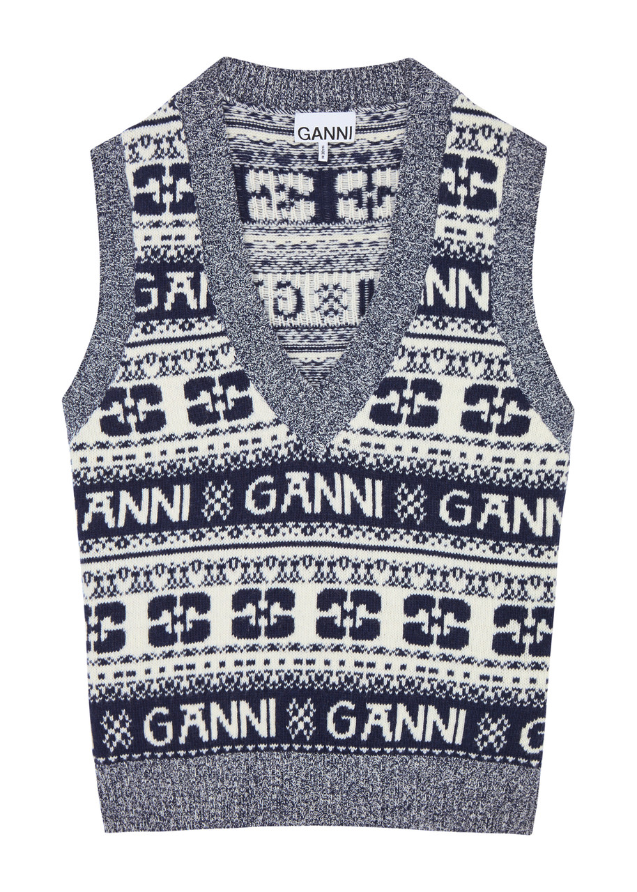 Ganni Logo-intarsia Wool-blend Vest - Blue - XS (UK6 / XS)