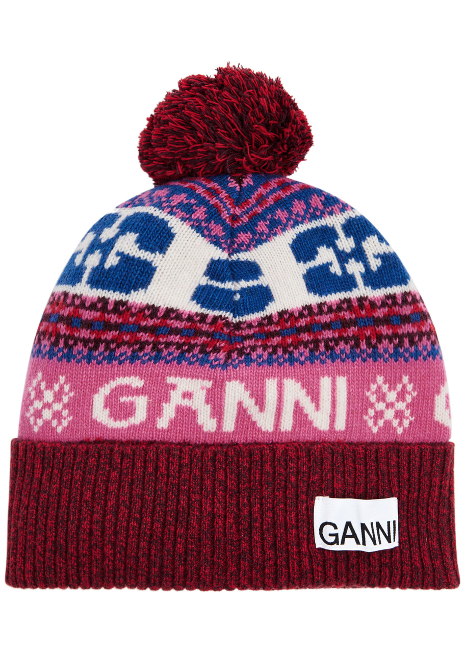 Ganni Pompom Logo-intarsia Wool-blend Beanie - Multicoloured