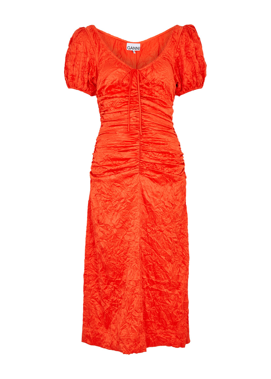 Ganni Ruched Crinkled Satin Midi Dress - Orange - 12
