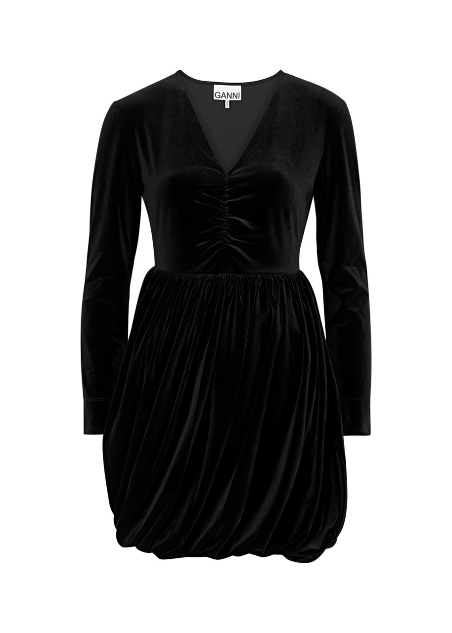 Ganni Ruched Velvet Mini Dress - Black - 34 (UK6 / XS)