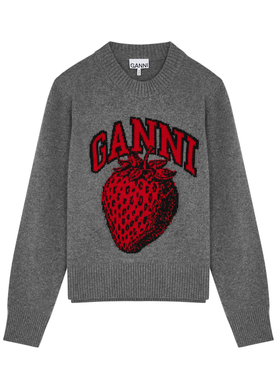 Ganni Strawberry Logo Wool-blend Jumper - Grey - L (UK14 / L)
