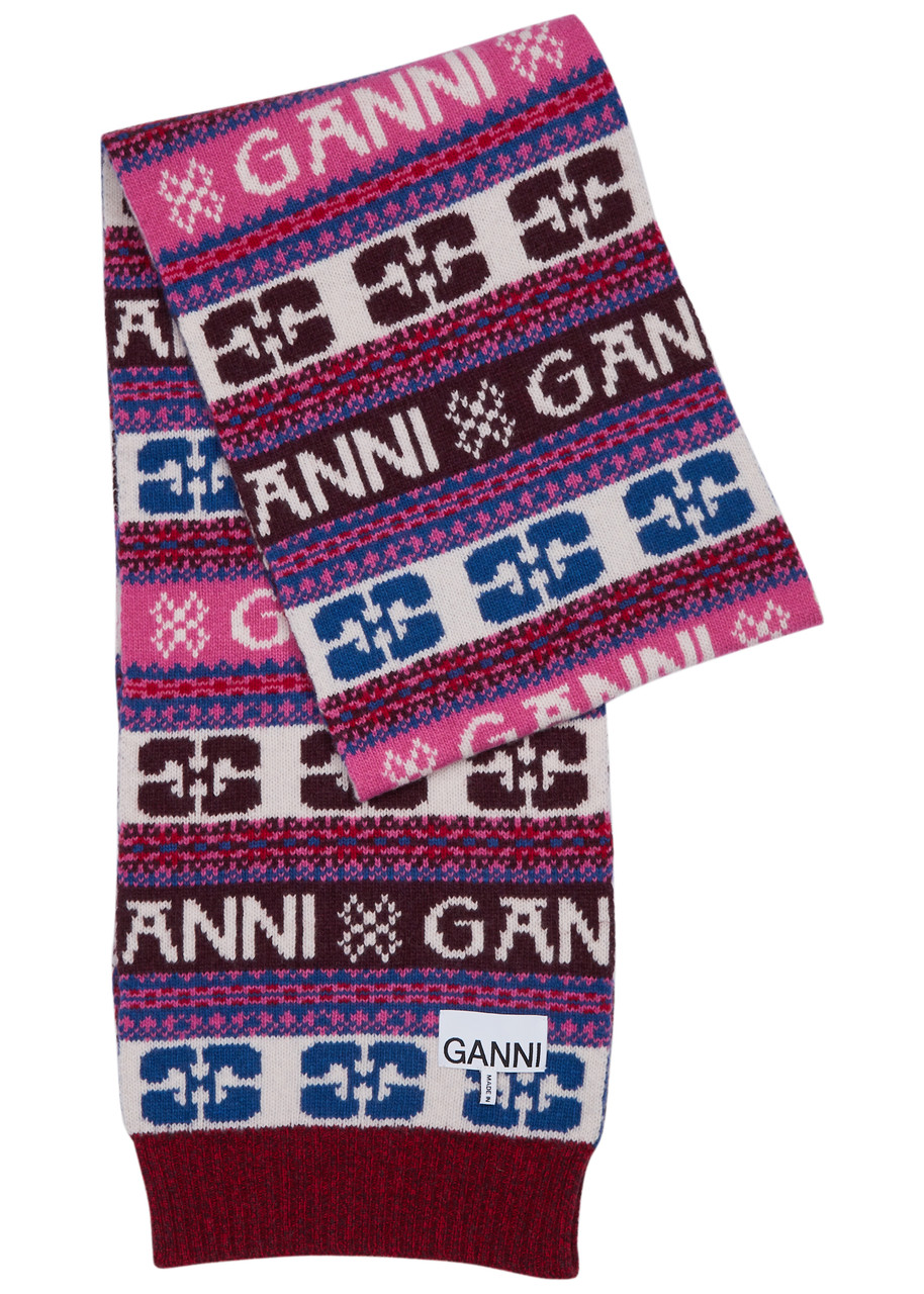 Ganni Striped Logo-intarsia Wool-blend Scarf - Multicoloured
