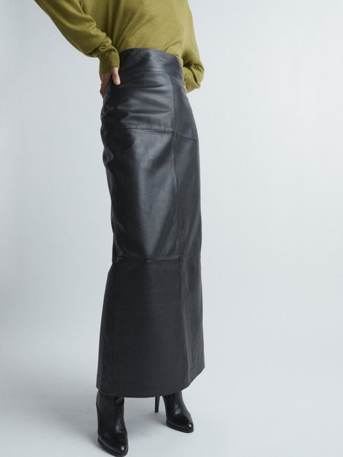 Raey - Back Split Leather Maxi Skirt - Womens - Black - 10 UK