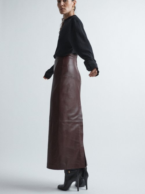 Raey - Back Split Leather Maxi Skirt - Womens - Burgundy - 14 UK
