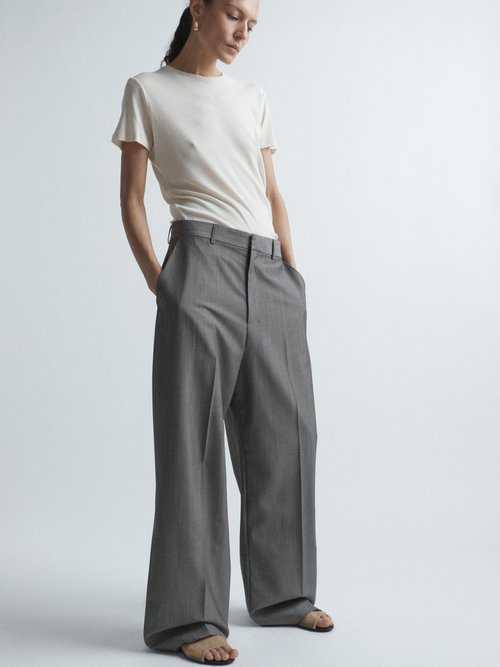 Raey - Flat Front Wool Wide-leg Trousers - Womens - Grey