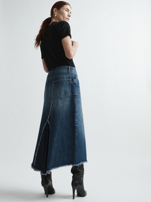 Raey - Raw-hem Organic-cotton Blend Fishtail Denim Skirt - Womens - Dark Blue - 4 UK