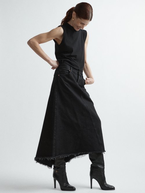 Raey - Raw-hem Organic-cotton Fishtail Denim Skirt - Womens - Black - 10 UK