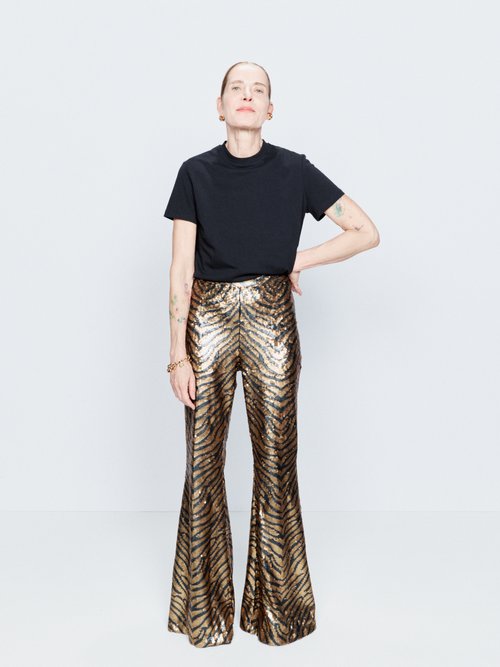 Raey - Tiger Sequin Flared Trousers - Womens - Gold Multi