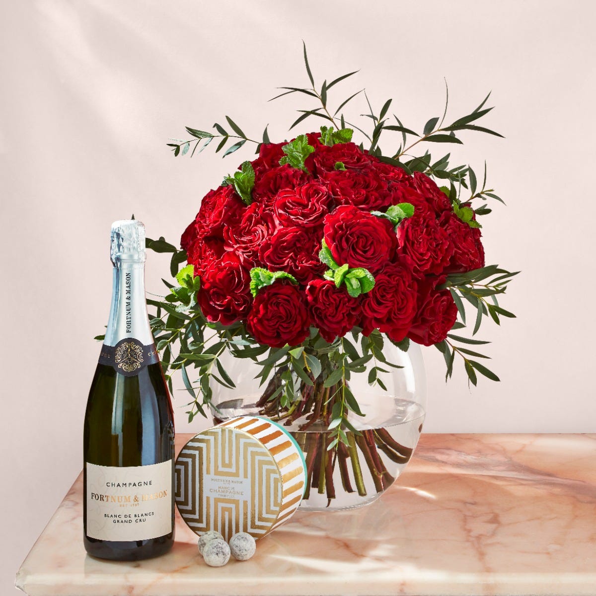Rose Bouquet with Champagne and Chocolates in Red, Large, Fortnum & Mason