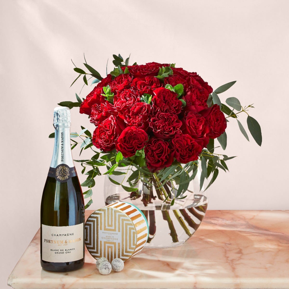 Rose Bouquet with Champagne and Chocolates in Red, Medium, Fortnum & Mason