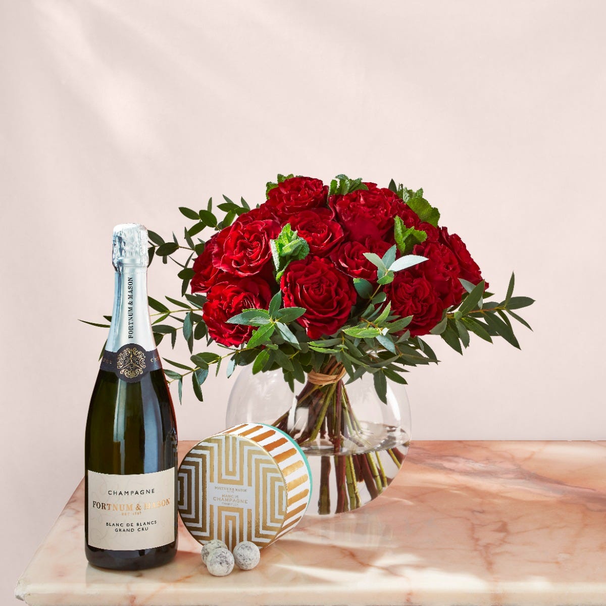 Rose Bouquet with Champagne and Chocolates in Red, Small, Fortnum & Mason