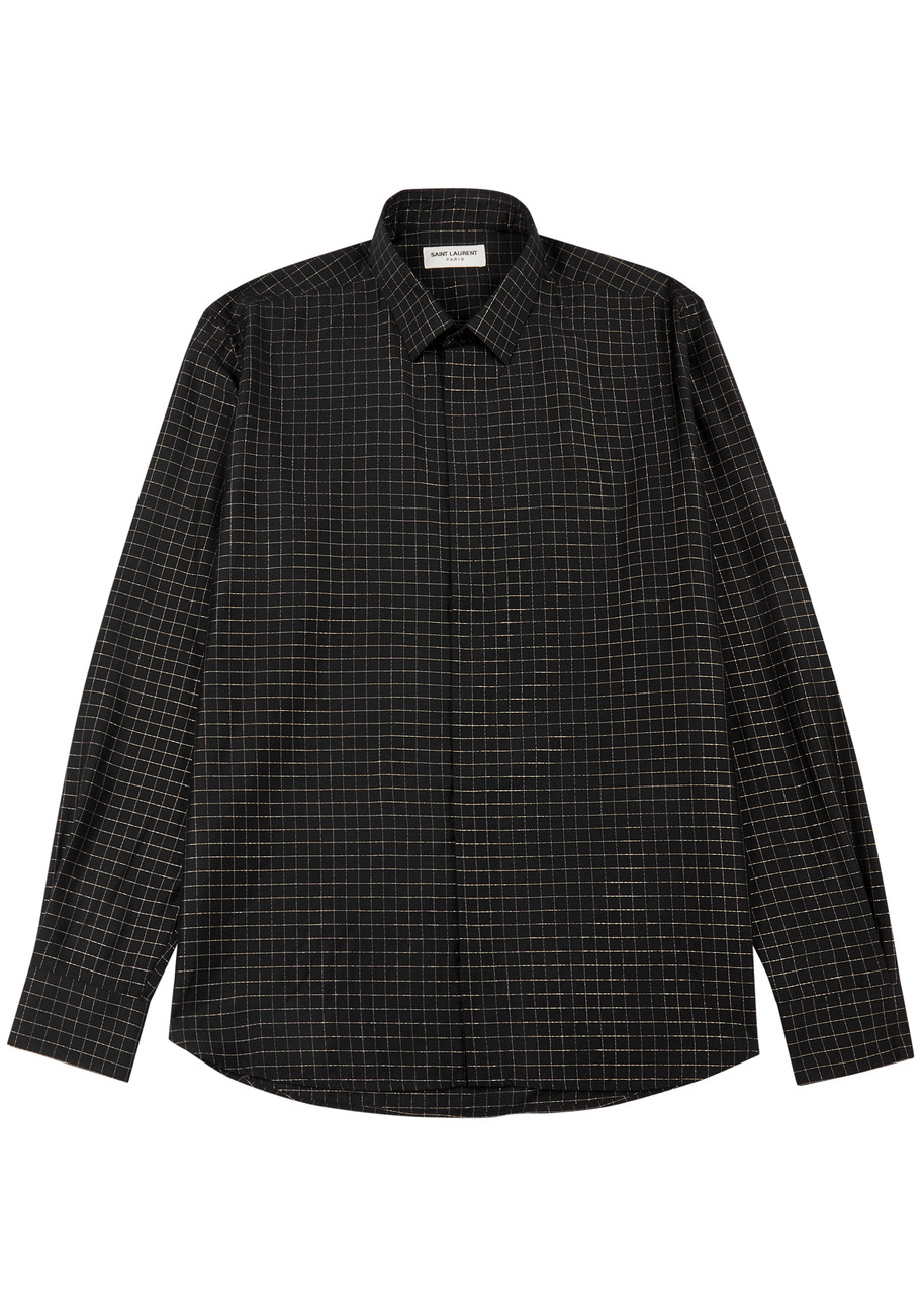 Saint Mxxxxxx Checked Metallic-weave Shirt - Black - 16