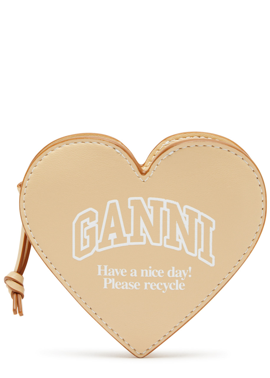 Ganni Heart Logo-print Leather Coin Purse - Cream