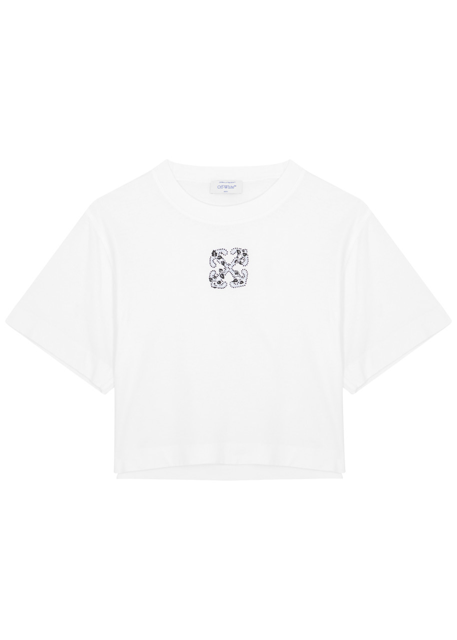 Off-white Bling Leaves Logo Cropped Cotton T-shirt - White And Black - XS (UK6 / XS)