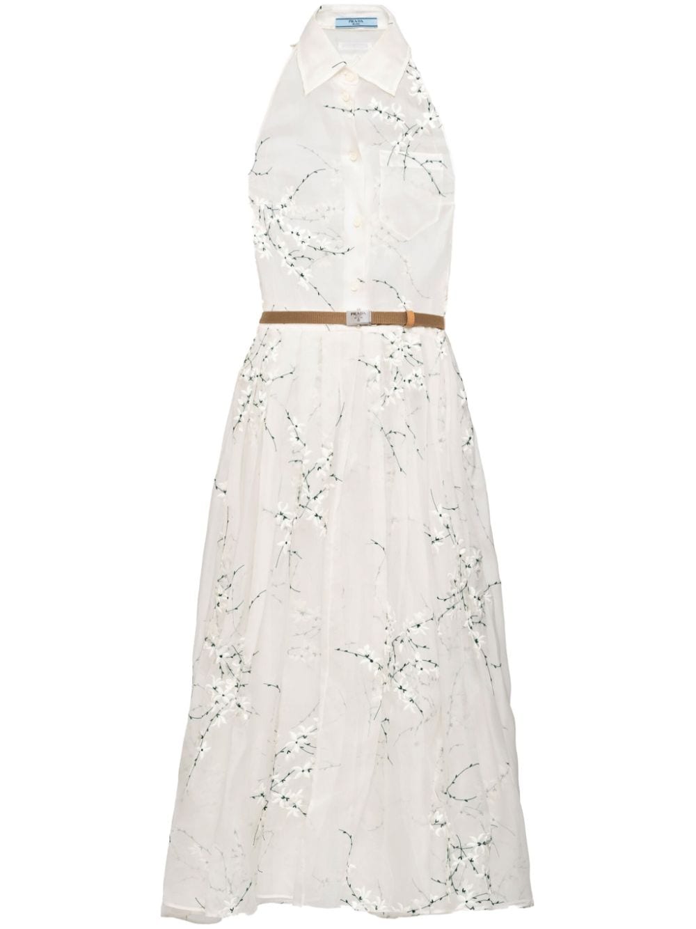 Prada floral-embroidered silk midi dress - White
