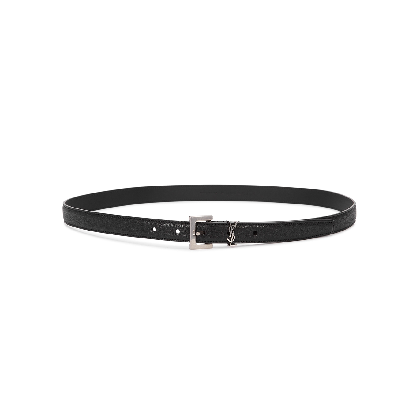 Saint Laurent Black Logo Grained Leather Belt, Belt, Silver-tone